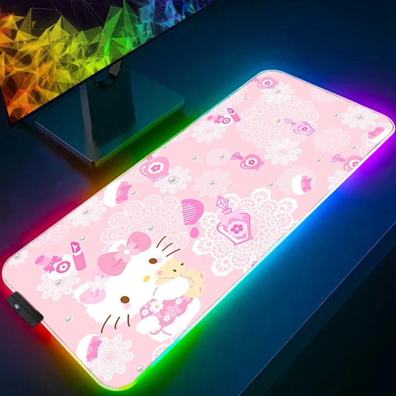 لوحة ماوس LED Hello Kitty Edge White لوحة مفاتيح الكمبيوتر الخلفية السجاد ملحقات الألعاب الكبيرة RGB Mousepad PC Gamer Desk Mat #4