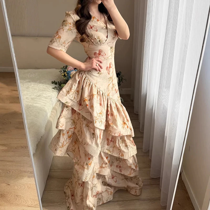 

Summer New High Waist Garden Party Dress Vintage V-neck Ruffle Half Sleeve Evening Dress Elegant Print Lady Irregular Maxi Dress