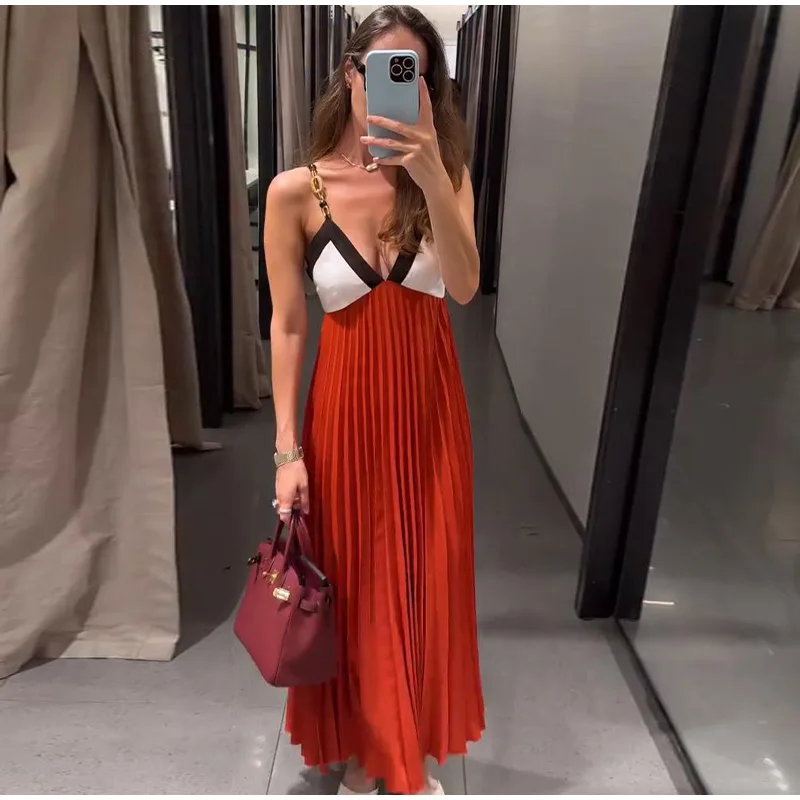 Kettenmuster-Maxikleid mit Spaghettiträgern, Farbblock-Design, V-Ausschnitt, A-Linie, Locker Geschnittenes Langes Kleid für Gäste und Partys, Sommermode 2026, Elegantes Abendkleid – Detail 2