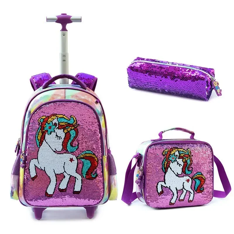 16 Inch Kawaii Backpack for Girls Children's Wheeled Backpack Sequin Bag with Lunch Box Pencil Cases for Elementary Students