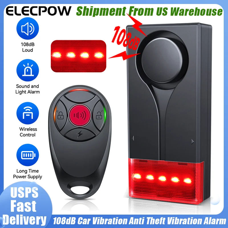 

Elecpow Wireless Car Vibration Alarm With Light 108dB Loud Car Door And Window Anti Theft Alarm Bike Motorcycle Security Alarm