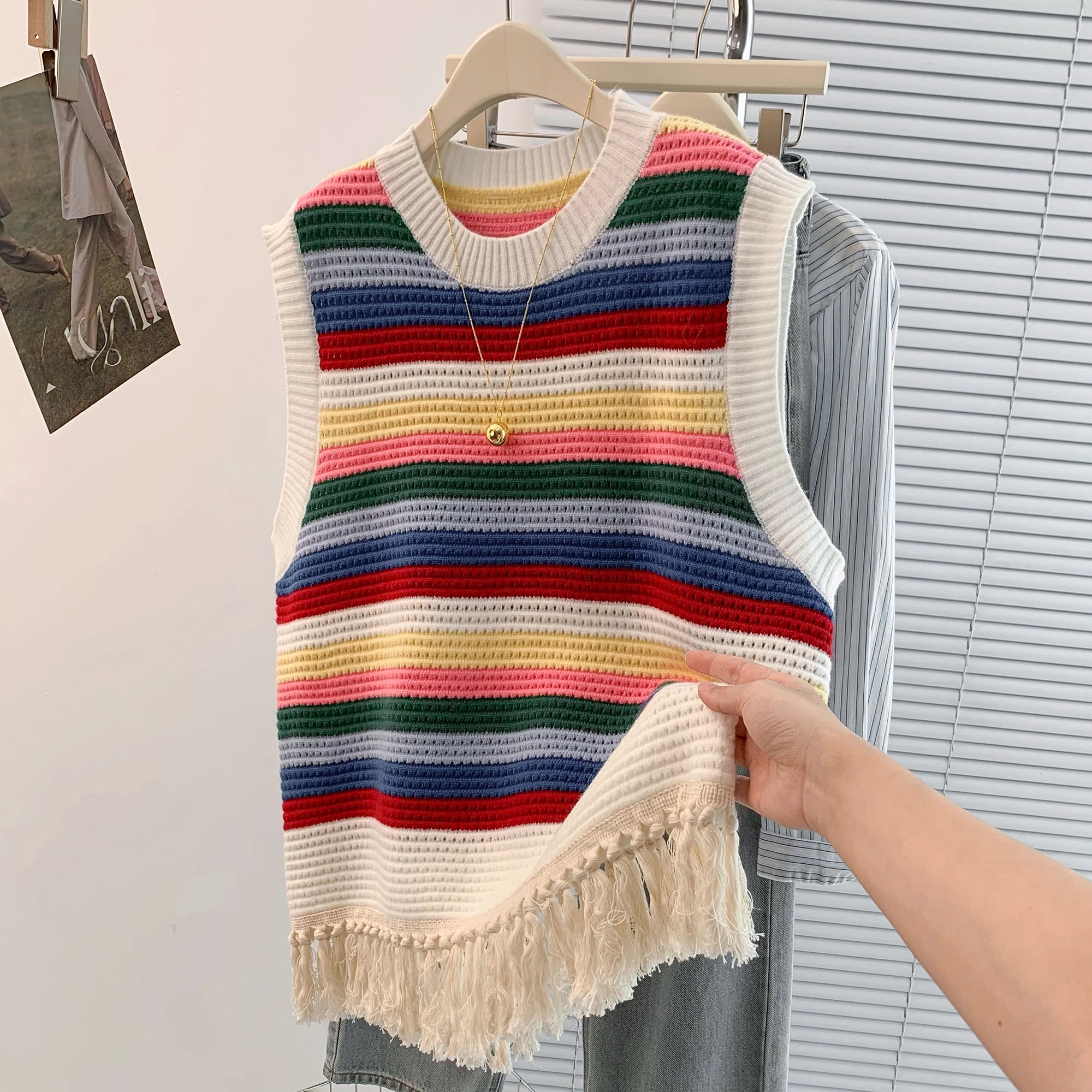 

Восточный дизайн в радужную полоску, жилет с кисточками и кисточками, свитер, майка Ci, свободный крой, круглый, длинный...