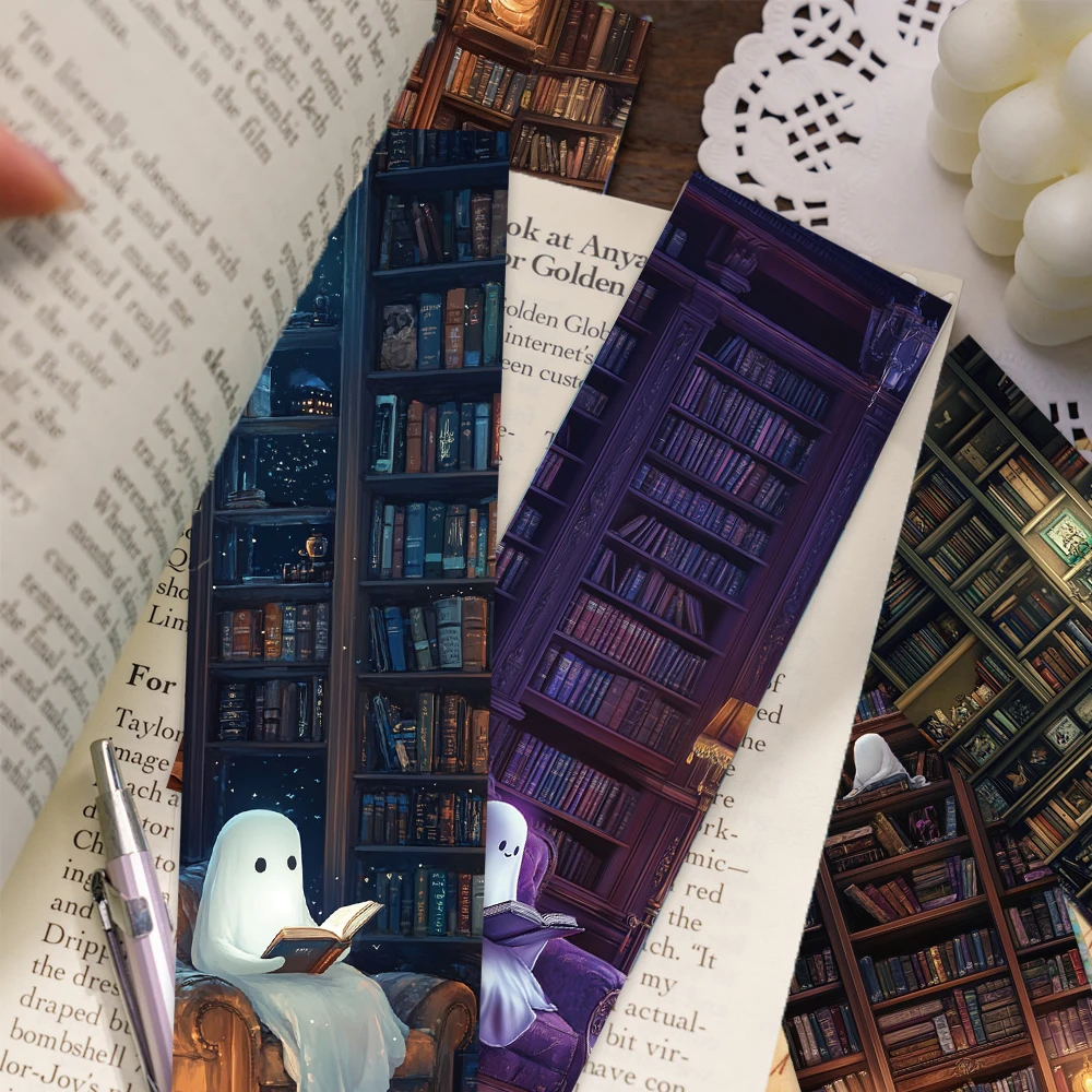 30PCS Ghost Reading at the Library Bookmarks Text to Read Marker Cards Handbook Decorative Student Reading Binder Student Gift