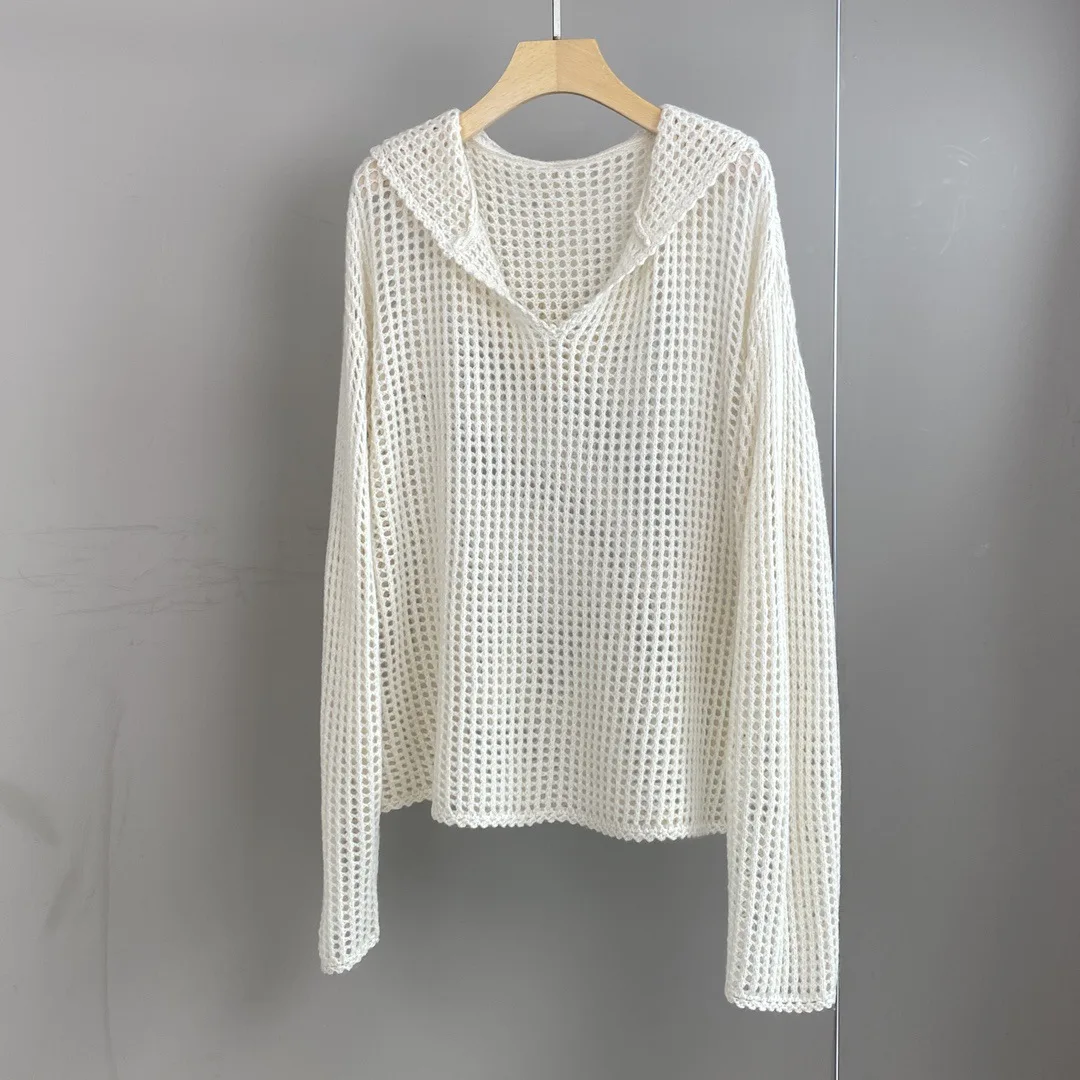 25 outono e inverno novo cashmere com capuz oco malhas femininas manga longa solta camisola superior