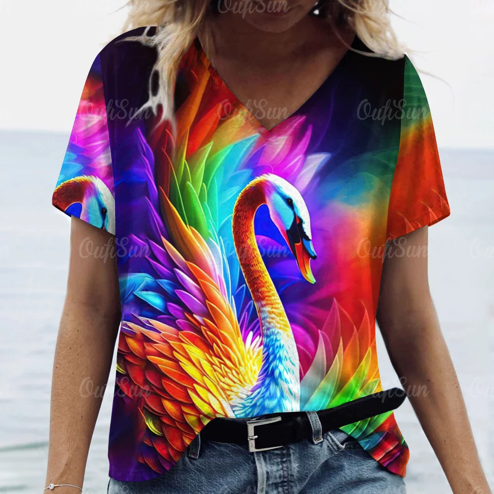 Summer V-Neck Short Sleeve T-Shirts Loose Plus Size Tops Animals Print Everyday Life Clothing Women\'s Casual T Shirts Clothing