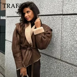 TRAFZA 2024 jesienno-zimowa Vintage damskie sznurowane kurtki moda Streetwear grube solidne skręcić w dół kołnierz eleganckie damskie krótkie płaszcze