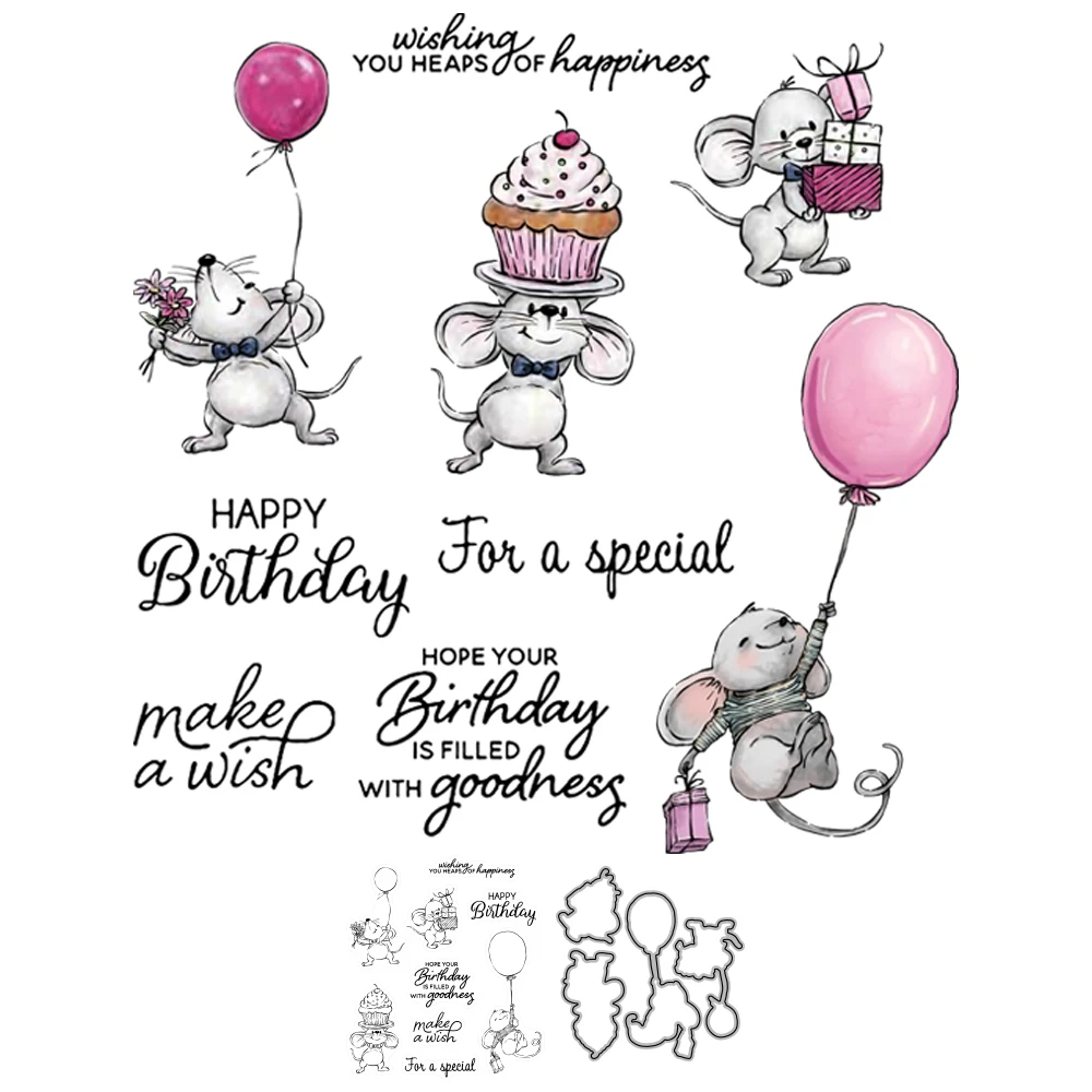 MangoCraft Adorable Mouse And Cake Metal Cutting Dies Clear Stamp Happy Birthday Scrapbooking Decor DIY Cut Dies Stamps For Card