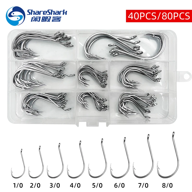 40pcs/80pcs Box 92554 Stainless Steel Octopus Hook Barb Crooked Mouth Longline Hook Squid Hook Lure Sea Fishing