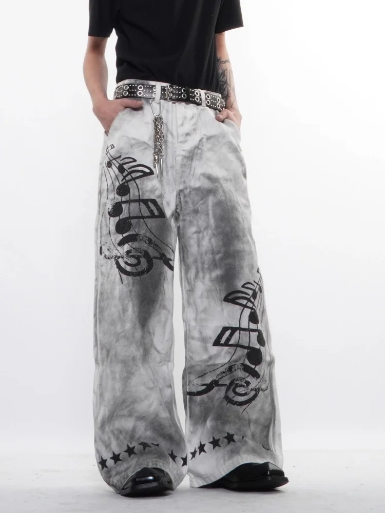2026 American Retro Y2K Style Dirty Washed White Baggy Jeans Pants For Men Clothing Star Printed Straight Cotton Long Trousers view 5