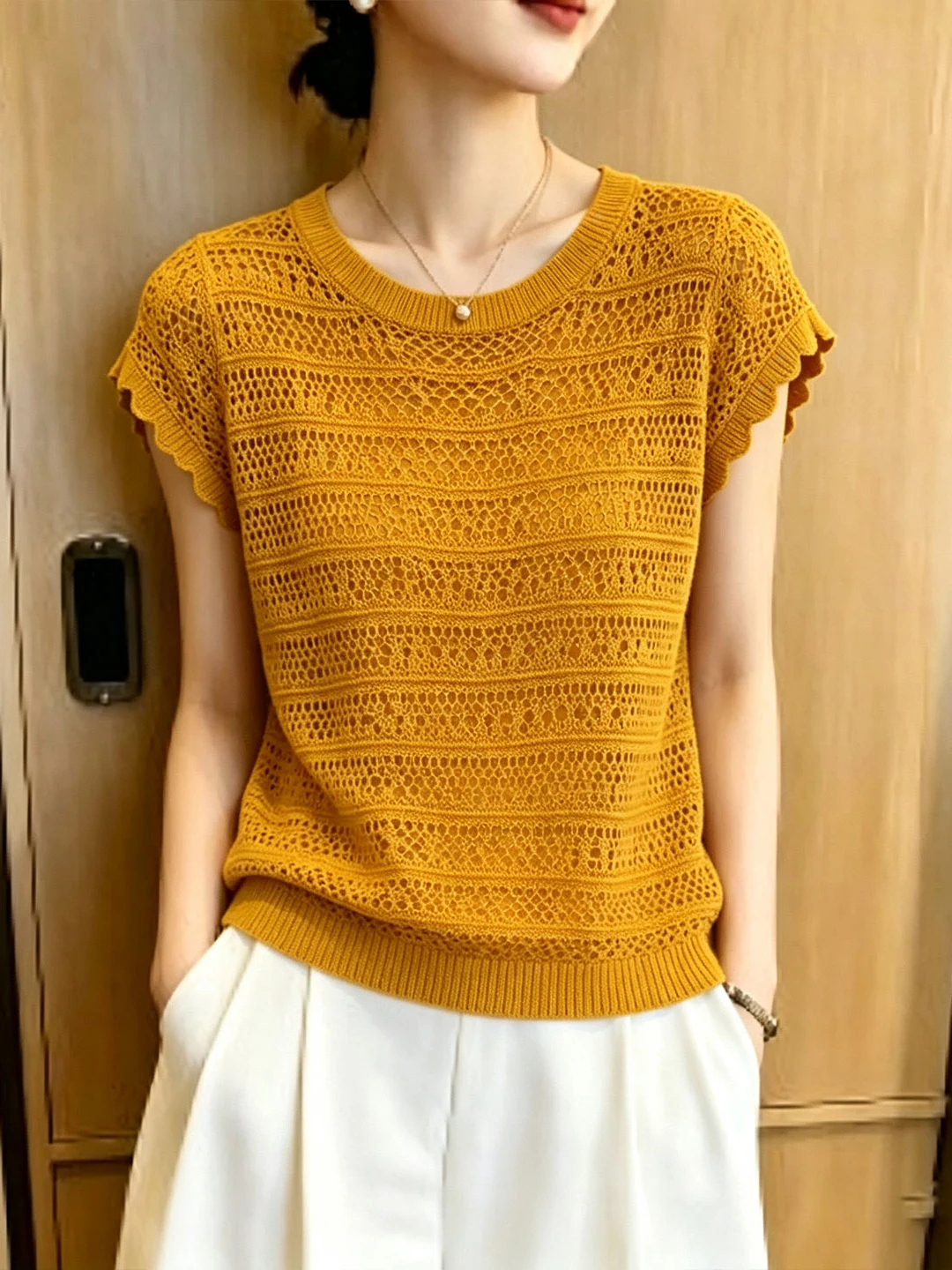 New Design Hollow out Soft Skin Friendly Pure Color Summer Knitwear Easy to Wear Korean Style Straight Cut Short Sleeve Top