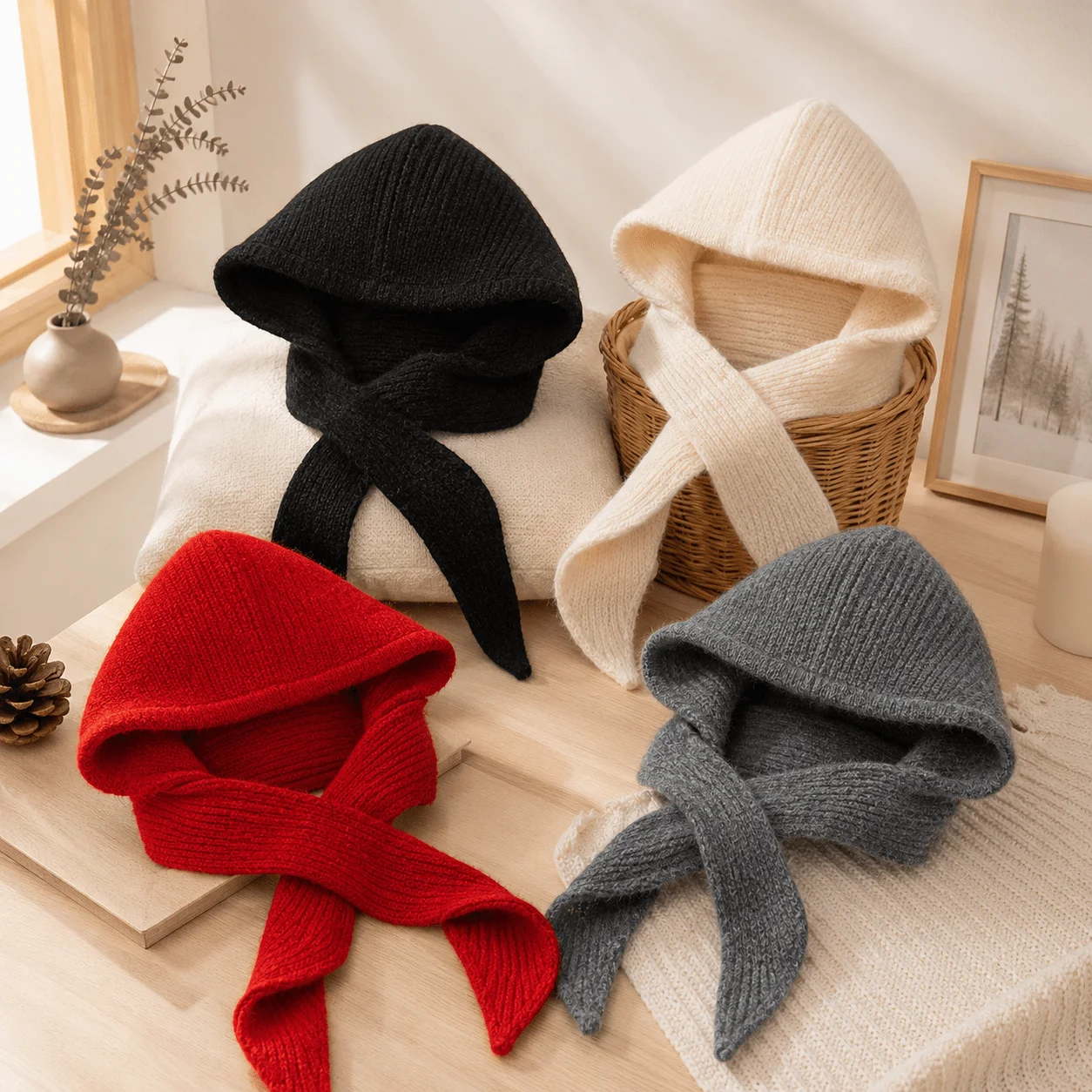 Casual Solid‑Color Woolen Yarn No‑brim Beanie, Women Hooded Knitted Hat‑Scarf Integrated Warm Daily Headwear