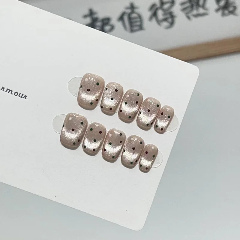 10 pezzi affascinanti unghie finte fatte a mano a pois francesi Squoval Cat Eye unghie artificiali glitter nude per donne e ragazze