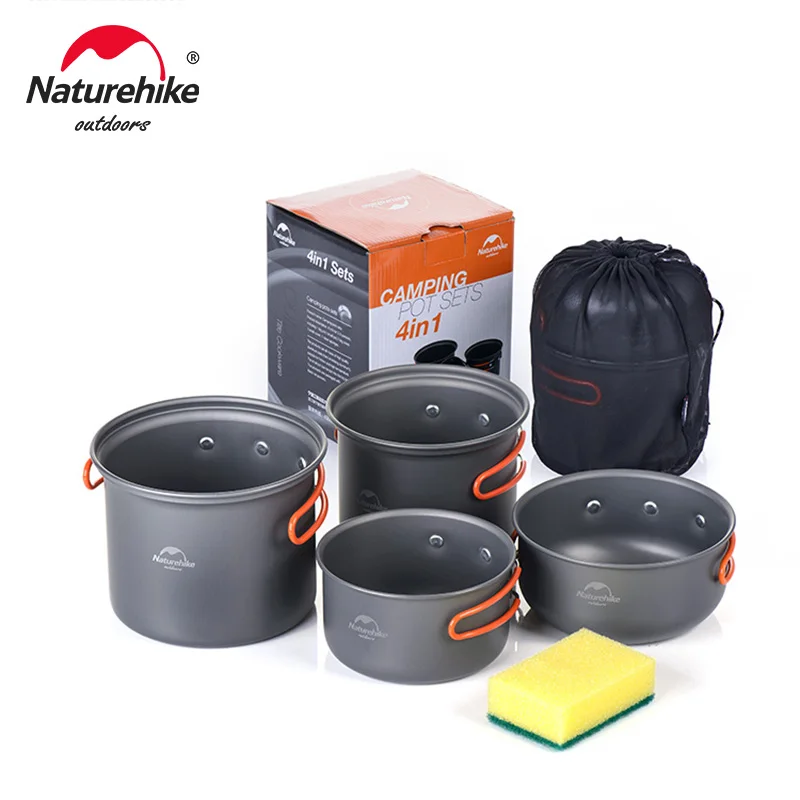 Naturehike Camping Cookware Kit 4 in 1 Outdoor Tableware Aluminum Cooking Set Picnic Pot Pan Bowl Kits Hiking Cooking Utensils