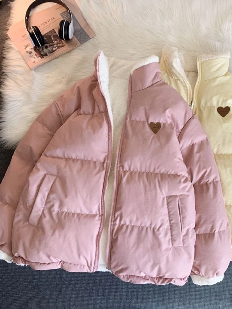 Jmprs Cute Embroidery Women Parkas Coat Winter Thick Hairy Korean Loose Warm Double Sided Design Pink Student Clothes