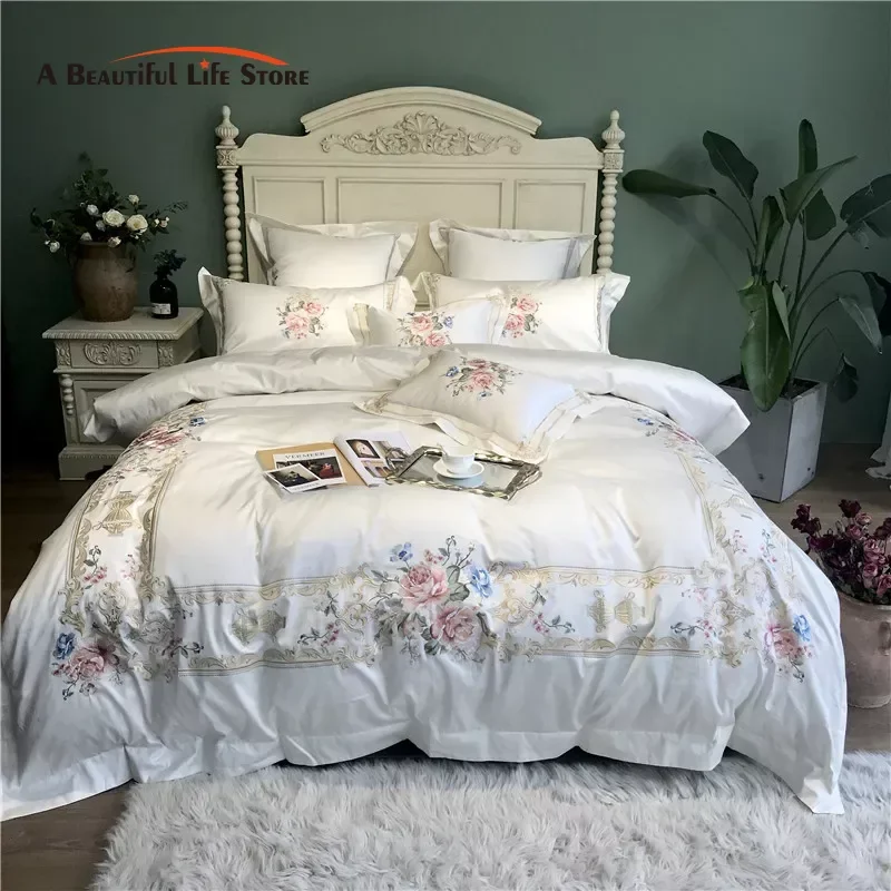 Egyptian Cotton Palace Bedding Set, Duvet Cover, Bed Sheet, Pillowcases, Luxury Flowers Embroidery, White, 100S, 4Pcs, 7Pcs