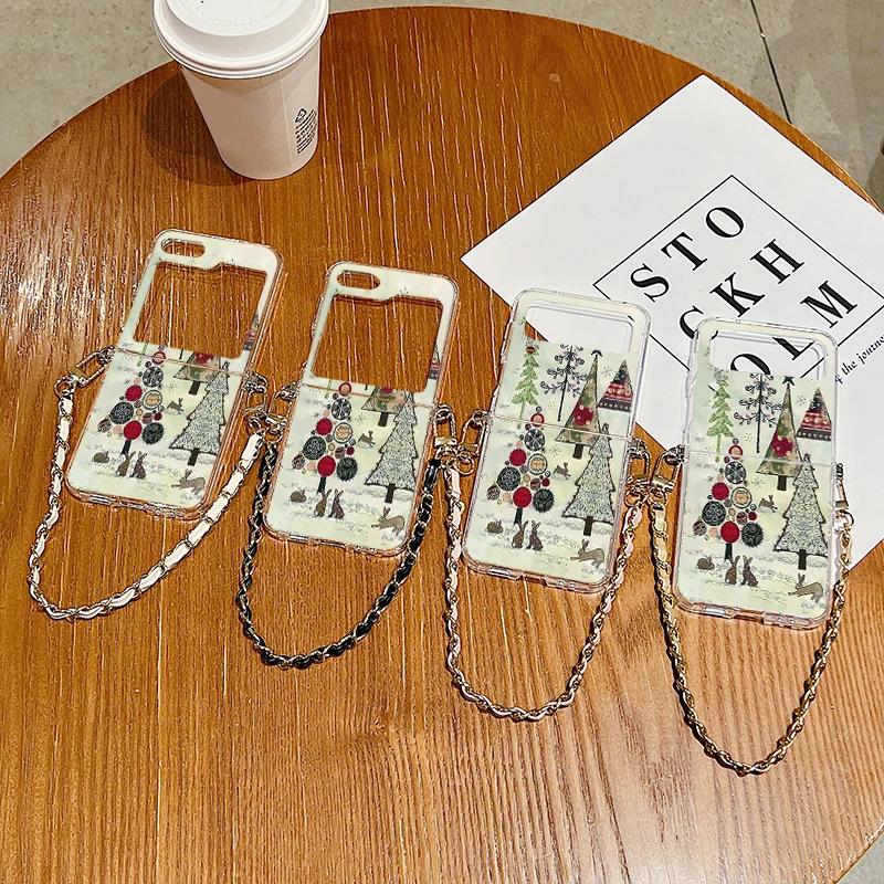 حافظة معدنية بحبل لهاتف سامسونج جالاكسي Z Flip7 Flip6 Flip5 Flip4 Flip 7 FE 6 5 4 3 5G نمط شجرة عيد الميلاد غطاء هاتف من البولي يوريثان