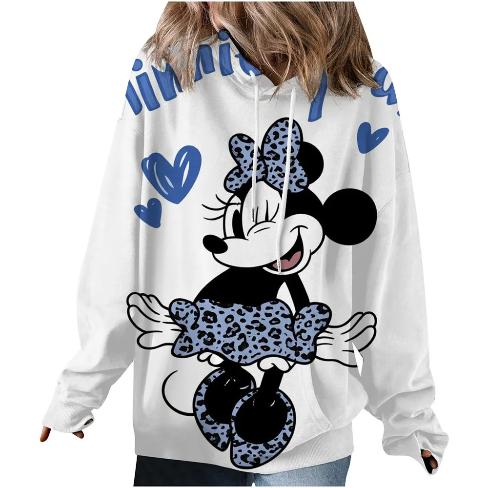 Women's autumn and winter casual loose and comfortable warm white Disney Mickey Mouse printed round neck long sleeved pullover