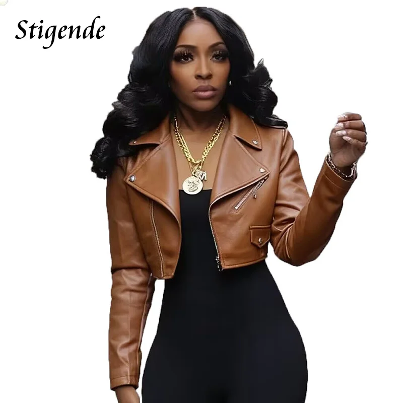 Stigende Dames Kunstleer Cropped Jas PU Leer Onregelmatige Notch Revers Jas