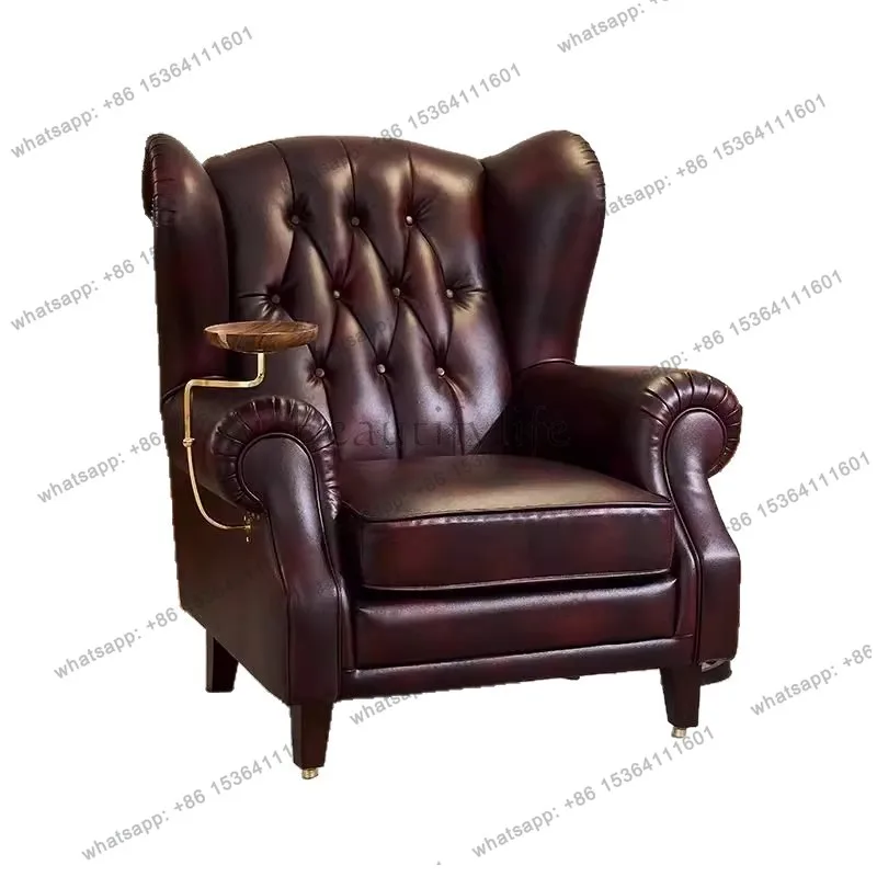 

American single sofa chair European style living room vintage style cowhide button hotel leather cigar chair