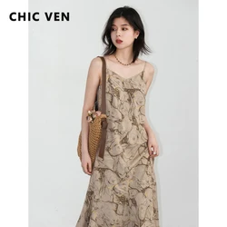 CHIC VEN Women Dresses New Retro V-neck Printed Camisole Dress Sleeveless Pullover Long Skirt Beach Vacation Summer 2024