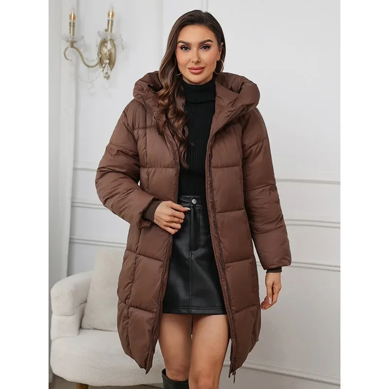 2025 New Hooded Women's Parkas Medium Long Styles Slimming Solid Loose Long Sleeves Parka Fashion Warm Zippers Woman Coats White