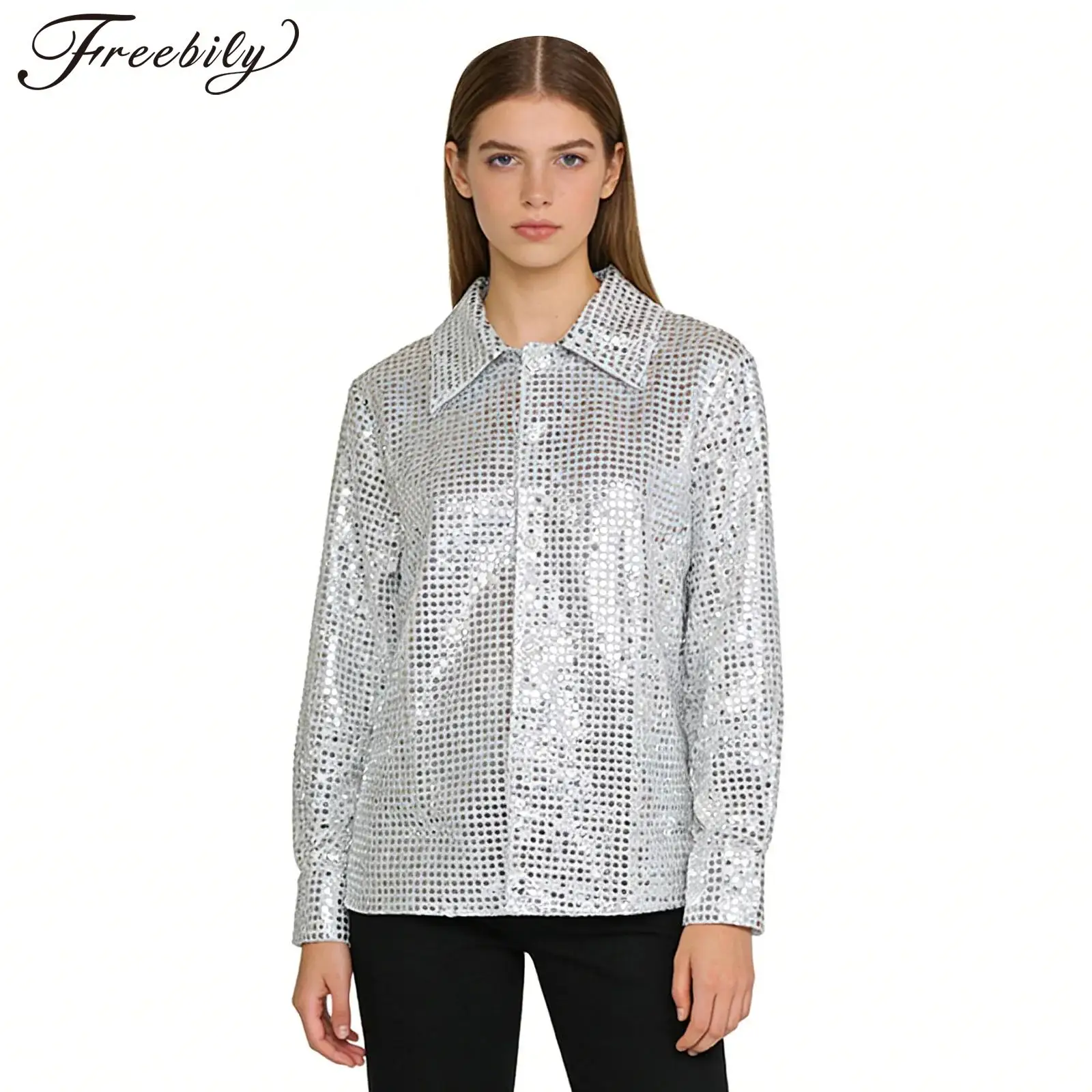 

Unisex Shiny Shirt Turn-down Collar Blouse Vintage Outfit Women Shirts Tops 80s Disco Costumes Music Festival Rave Party Clothes