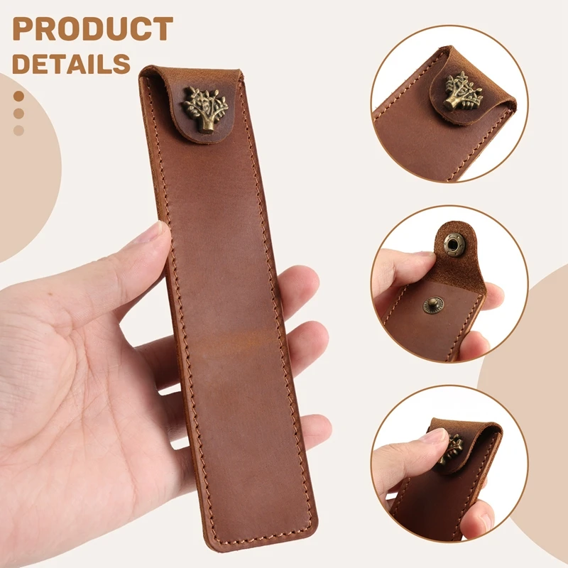 Genuine Leather Pen Pouch Holder Single Pencil Bag Pen Case With Snap Button For Rollerball Fountain Ballpoint Pen