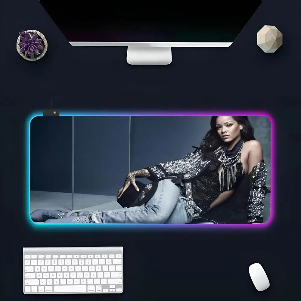 Singer R-Rihanna-ero MINISO Mouse Pad RGB Gaming Mousepad LED Large Gamer Mousepads XXL Keyboard Pads Luminous Desk Mat Backlit