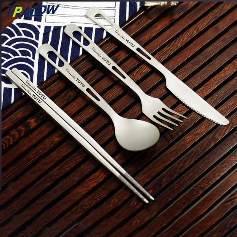 

TRALOW Pure Titanium Utility Cutlery Set, Portable tableware Spoon Fork Chopsticks Knife for Outdoor Travel Camping Backpacking