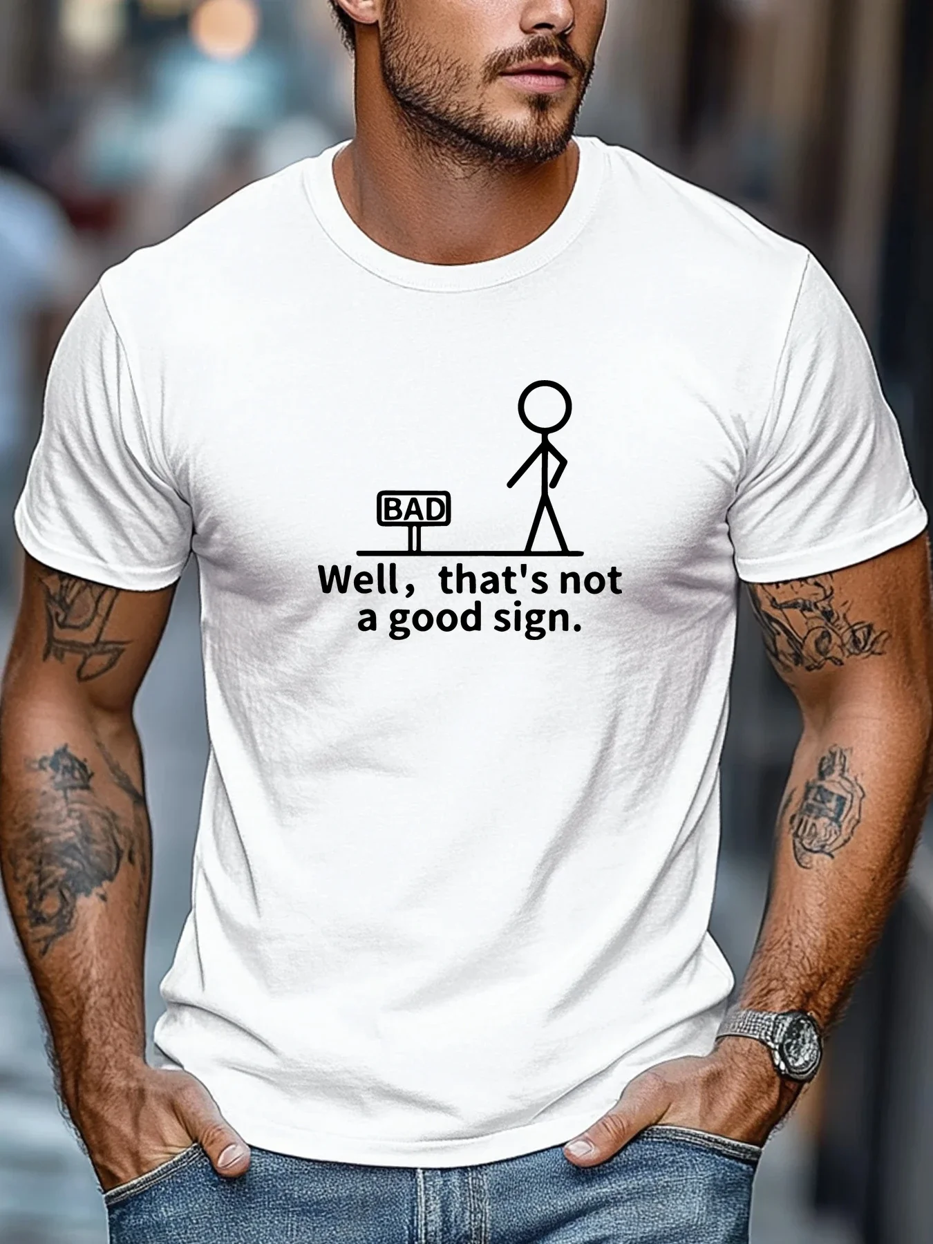 Men Dark Gray Crew Neck Tee Funny Stick Figure Bad Sign Pun Text Humorous Sarcasm Graphic Soft Cotton Male Casual Short Tops