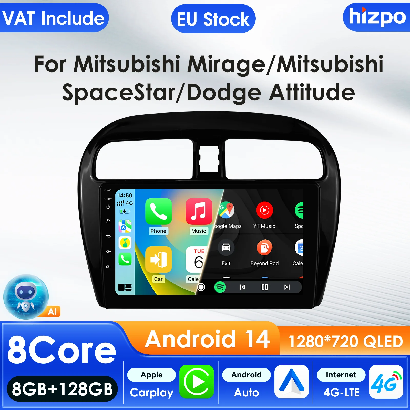 Hizpo Autoradio Carplay 4G AI Systemen Android Autoradio voor Mitsubishi Mirage/Space Star 2012-2023 multimedia Video Player GPS - afbeelding 2