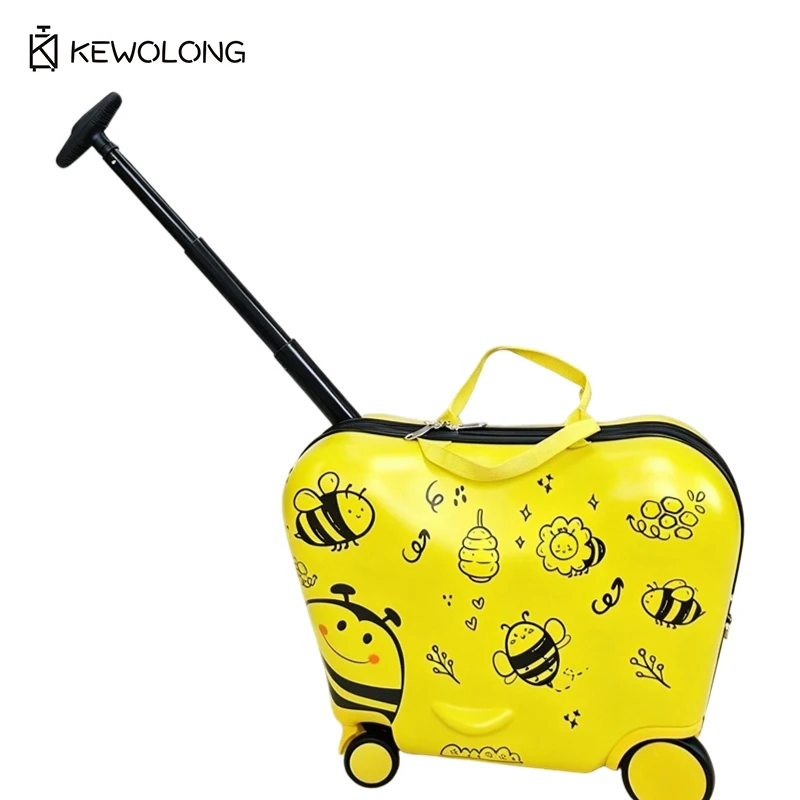 18 Inch Ride On Suitcase for Kids, Cute Bumble Bee Rolling Trolley with Tilted Handle & Footrest, Toddler Carry On Luggage