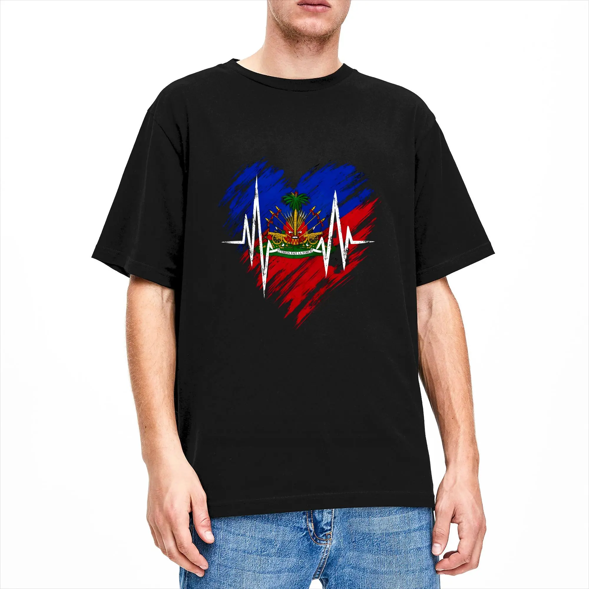 Haiti Heartbeat Haitian Flag  T Shirt for Men Women 100% Cotton Humor T-Shirts O Neck  Tee Shirt Short Sleeve Clothing Plus Size