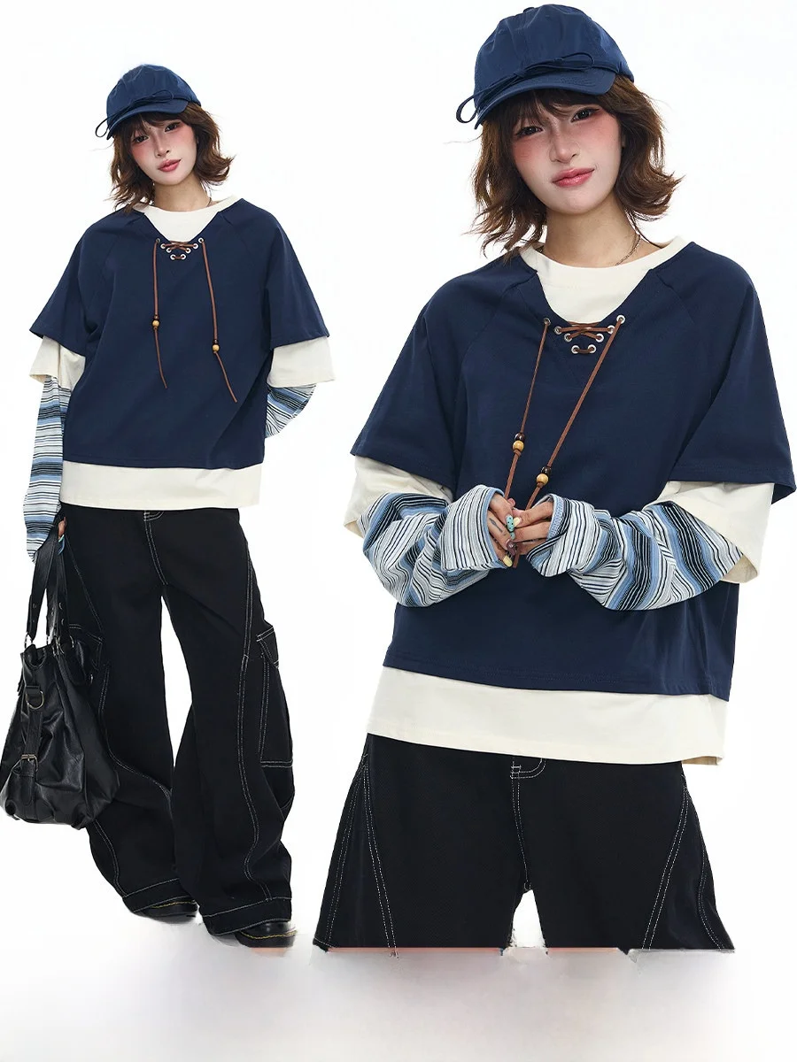 

Женская футболка Sanowers в американском ретро-стиле с полосками и пэчворком, свободного кроя, с длинным рукавом, дышащая, с круглым вырезом