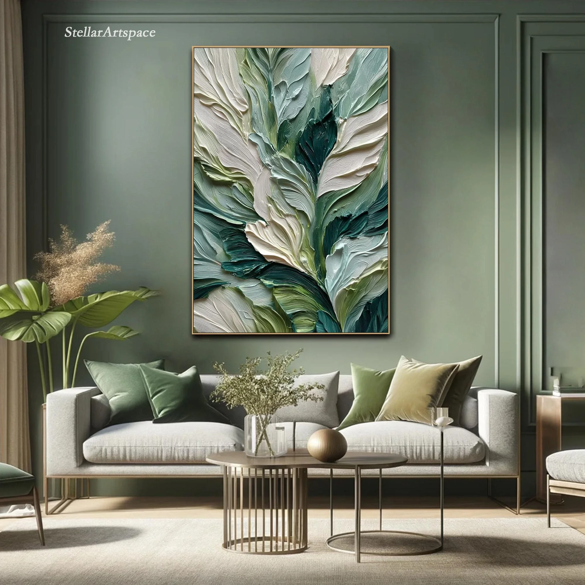 Green Leaf Abstract Texture Wall Art Painting on Canvas Living Room Wall Art Sage Nature Floral Impasto Decor Large Oil