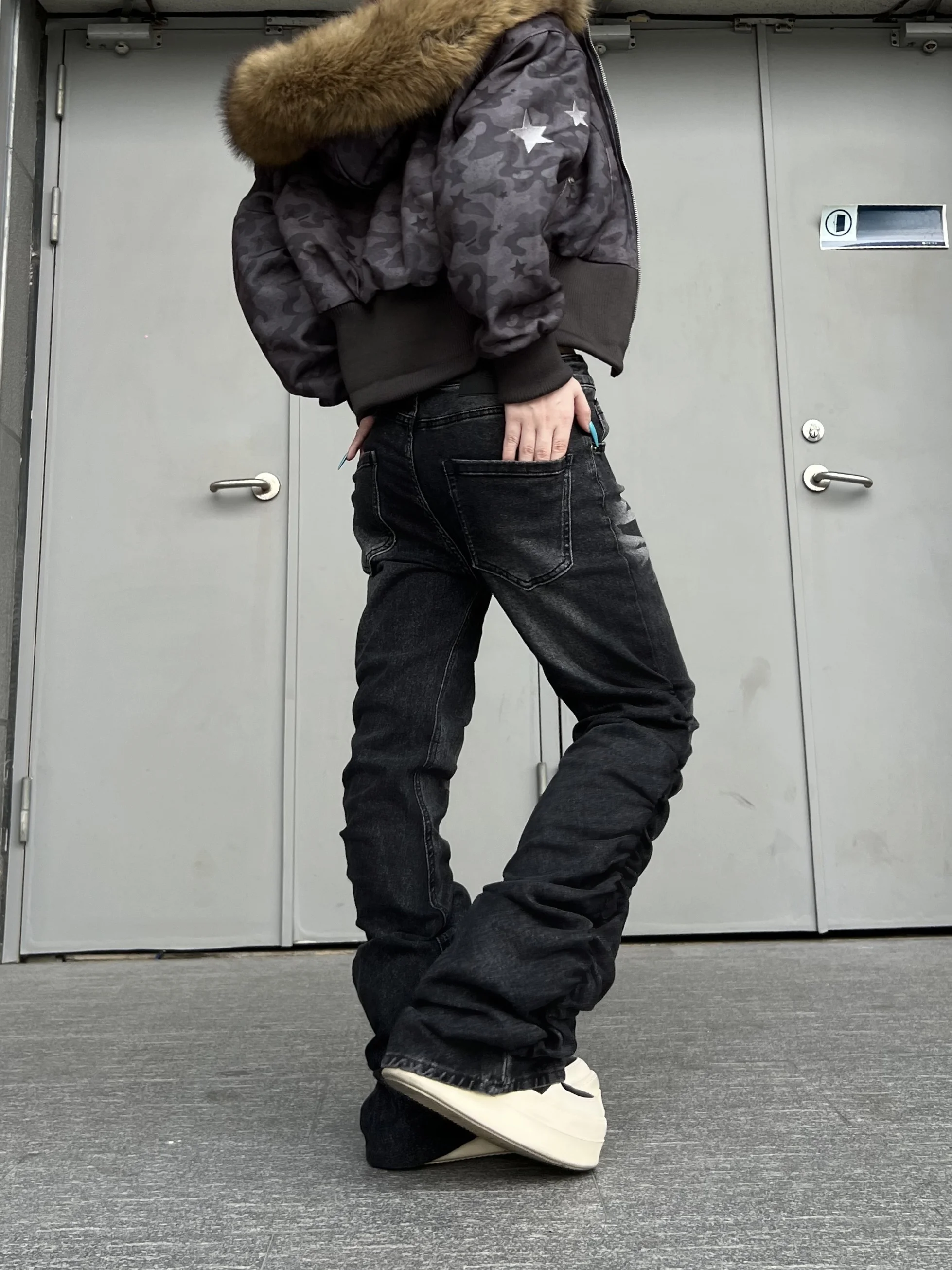 Retro Washed Lightning Pattern Denim Jeans Men's Slim Fit Casual Flared Pants High Street Vibe Casual Wear Autumn Season