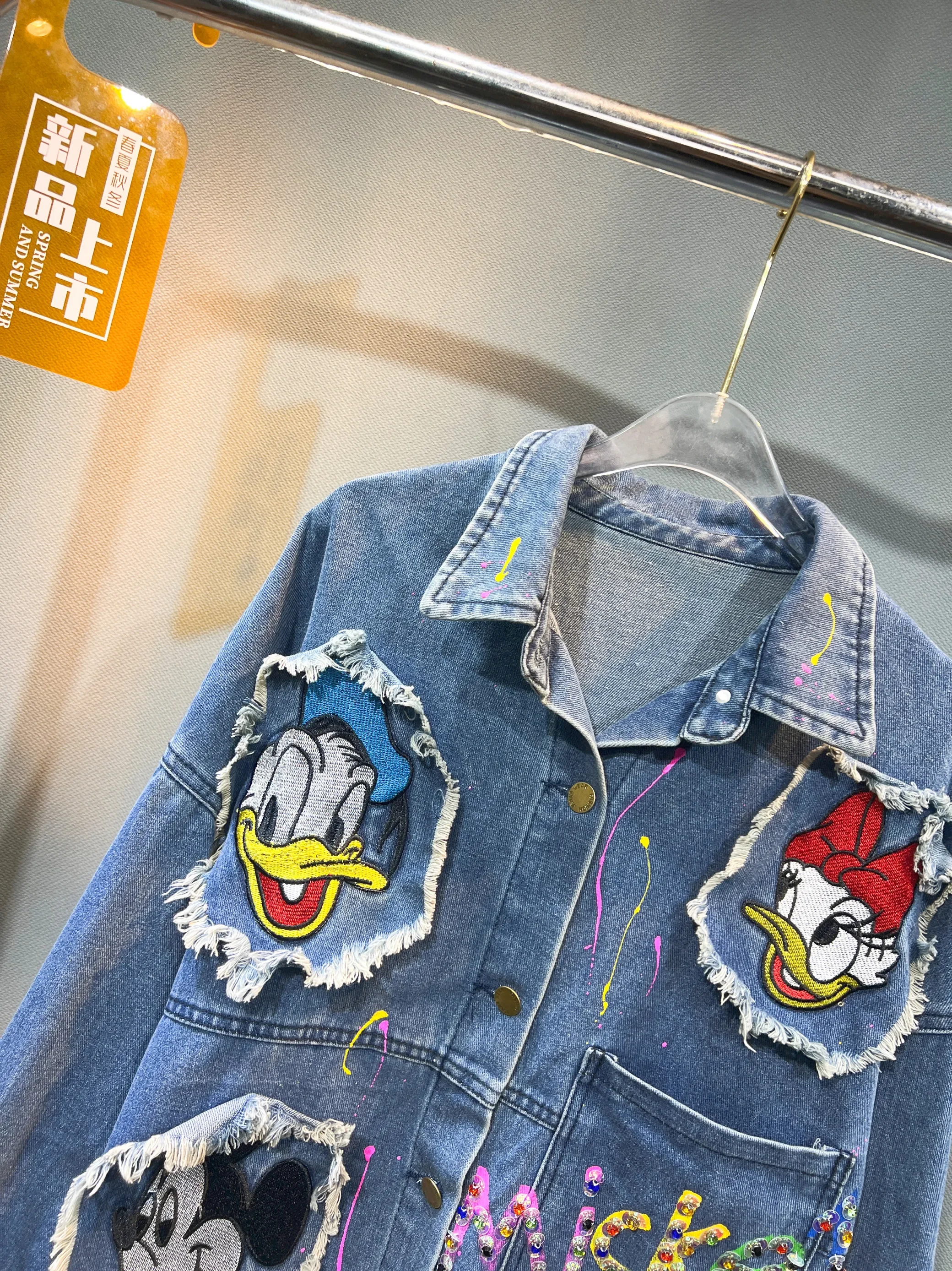 2024 Autumn New Retro Fashion Loose Versatile Gradient Colored Washed Denim Jacket Cartoon Sticker Bead Embroidered Shirt Women