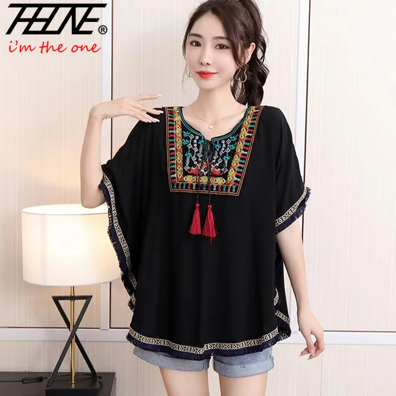 THHONE Sommer Frau T-Shirts Stickerei Indie Folk Koreanische Beiläufige Lose Druck Vintage Mode Batwing Hülse frauen Kleidung Tops
