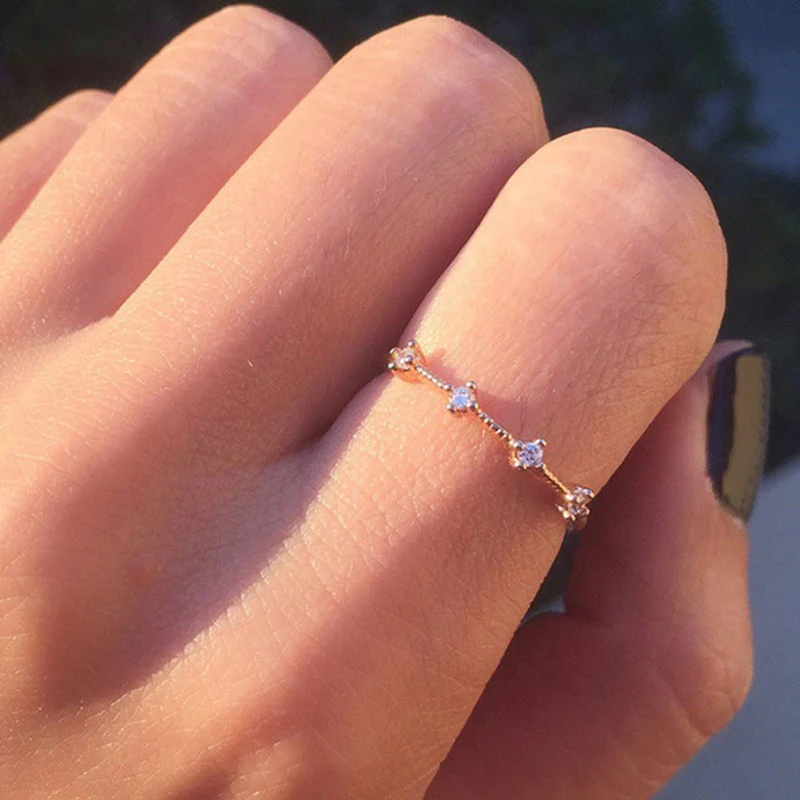 ZHOUYANG Delicate Dainty Rings For Women Fresh 4 Mini Cubic Zircon Light Yellow Rose Gold Color Thin Ring Fashion Jewelry KAR306