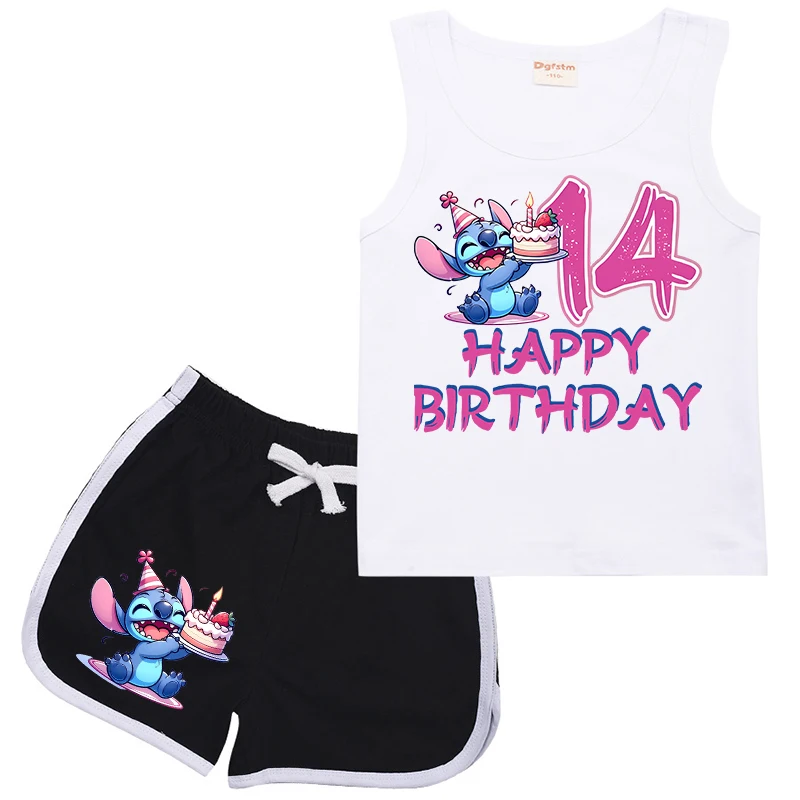 Children Birthday Number Stitch 1-14 Sports Suit Kids Vest & Shorts Kawaii Cartoon Casual Clothes Sleeveless Girl Boy 2Pcs Sets