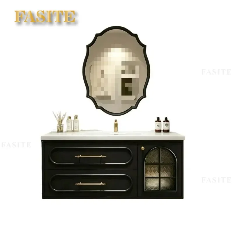 For Oak Paint Bathroom Cabinet Ceramic Integrated Basin Mirror Cabinet Combination Moisture Proof Durable French Retro