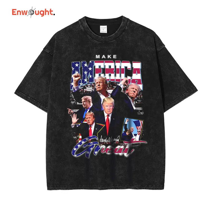 

Trump T Shirt Harajuku John Trump Vintage Washed Tops Tees Hip Hop Short Sleeve Old School DTG Printing Oversized T-shirt Cotton