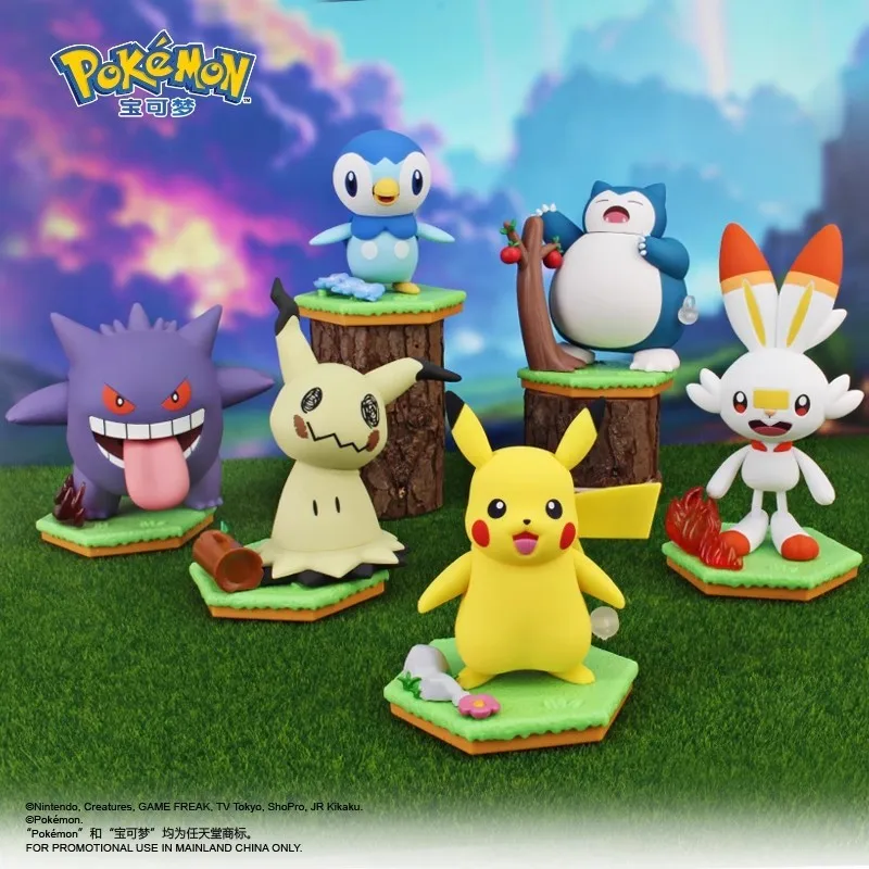 Genuine Pokemon Pikachu Piplup Kabigon Genger Mimikyu Scorbunny Anime Figure Model Toys Blind Box Desktop Ornament Birthday Gift