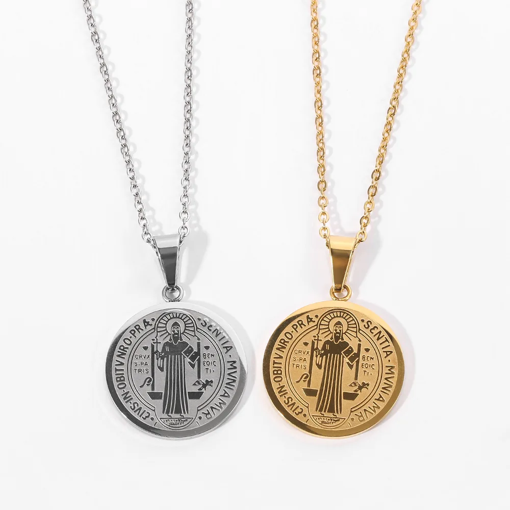 Religious San Benito Medal Pendant Stainless Steel Chain Silver Color Cross Jesus Saint Benedict Necklaces for Women Men Jewelry