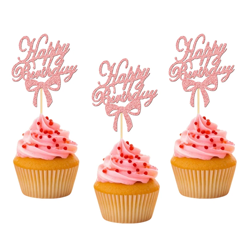 YOMDID 24 Stück Cupcake-Topper mit Schleife und Schriftzug „Happy Birthday“, Kuchenaufsätze für Hochzeit, Geburtstag, Dekorationen, Decoracion Cumpleaños – Detail 7