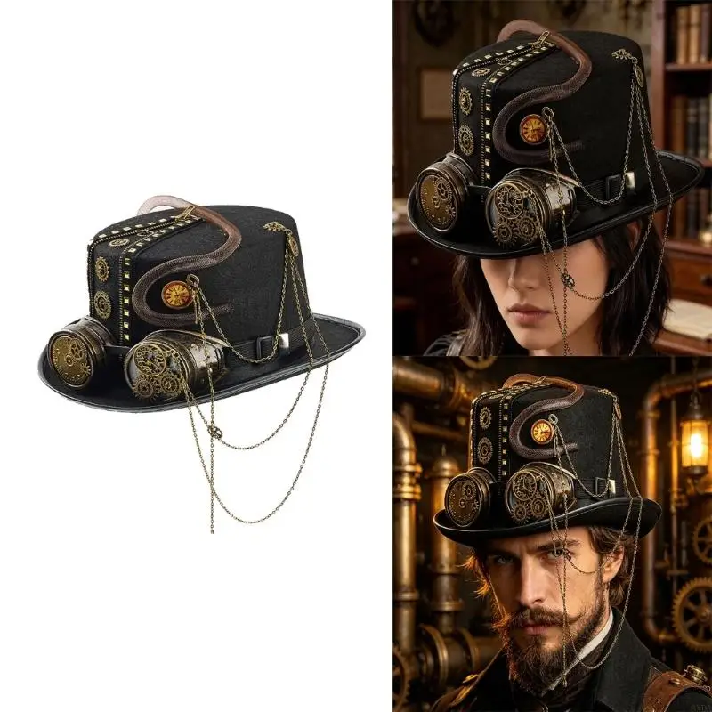 Gothic Metal Chain Gear Hat Hat Design Zipper Headwear for Coser For Cosplay Event Photo Props 6XDA