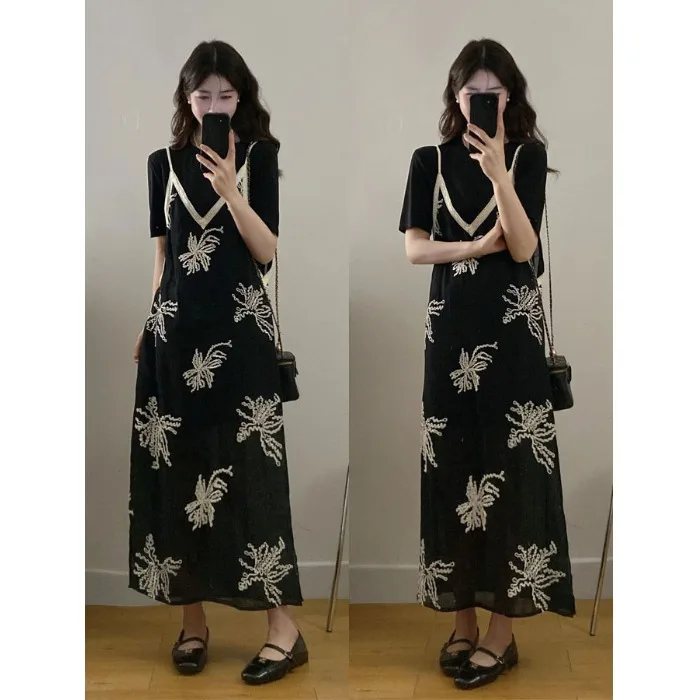 

plus Size Casual Versatile Summer Short Sleeve Long Dress Embroidered Strapless Dress Set for Plump Women Skin-Friendly Breat...
