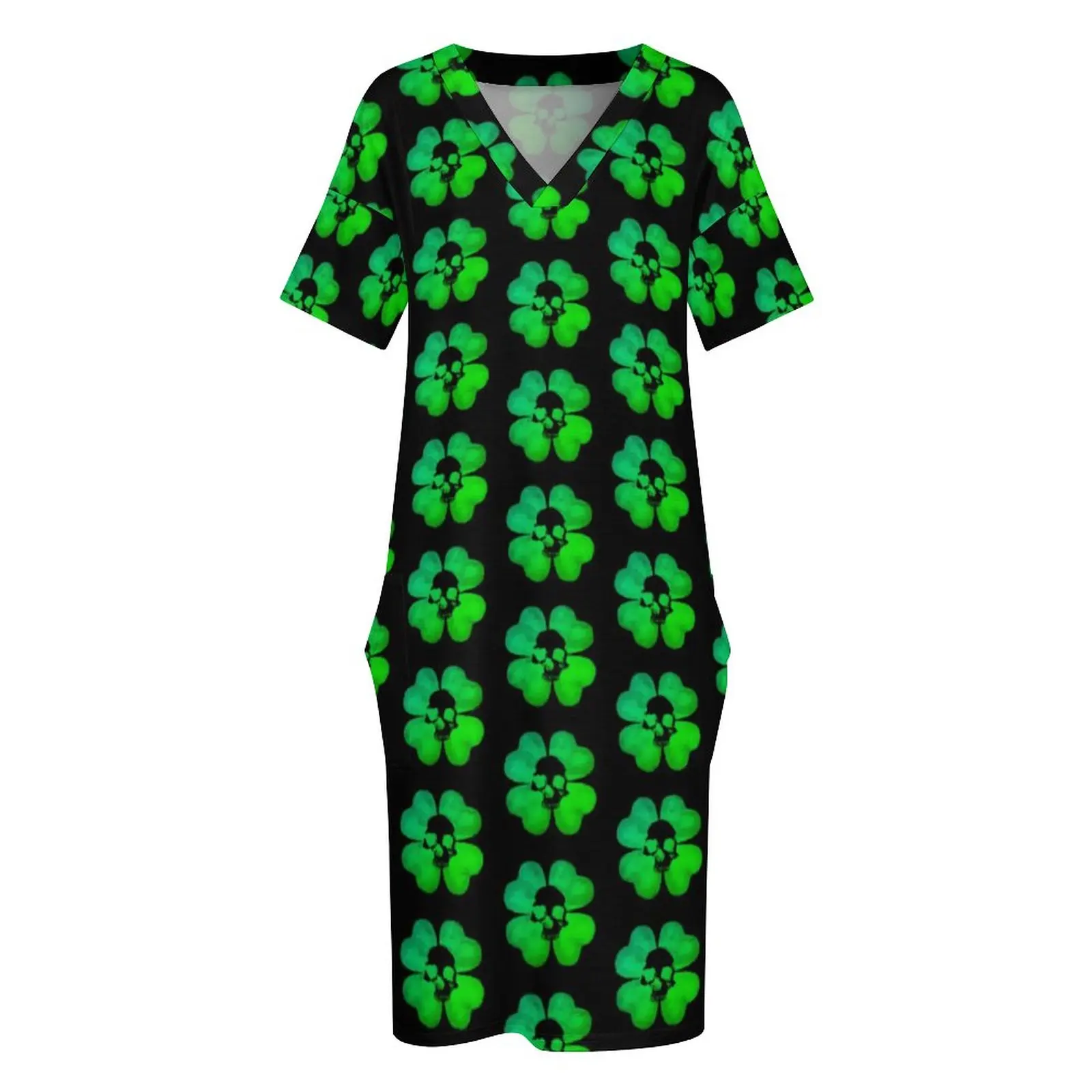 Shamrock Pattern Casual Dress Womens Spooky Skull Art Modern Dresses Summer V Neck Aesthetic Printed Dress Plus Size