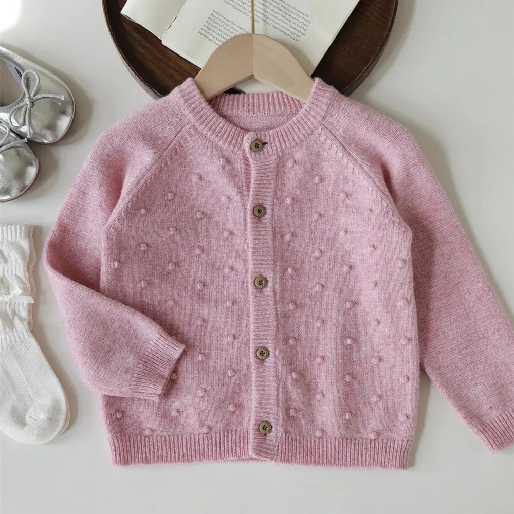 

Autumn kids girls clothes baby coat Handmade crochet wool ball Sweet pink knitted cardigan baby knitted coat