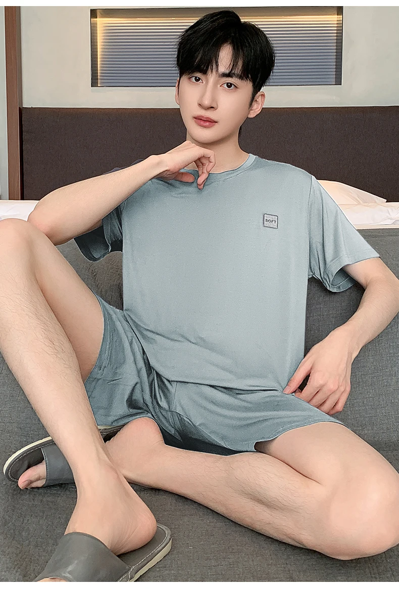 Sommerliches neues Herren-Pyjama-Set, kurzärmeliges Homewear-Set für Herren, einfarbig, lässiges Pyjama-Set für Teenager und Studenten. – Detail 14